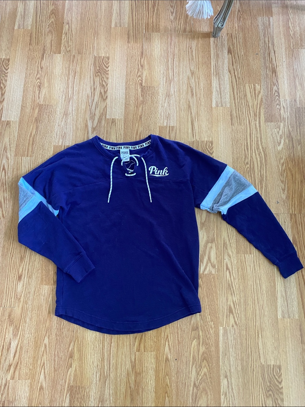 PINK Victoria's Secret Navy Lace-Up Sweatshirt with Light Blue & Gray Accents